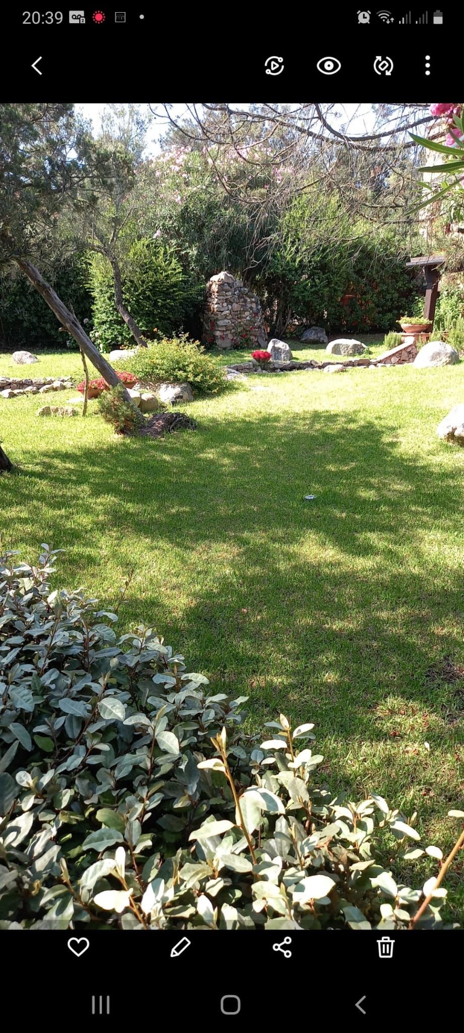 Un giardino ben curato con erba verde, cespugli, alberi e una struttura rocciosa sullo sfondo.