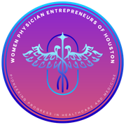 Logo for Women Physician Entrepreneurs of Houston with purple and pink caduceus emblem and circular text