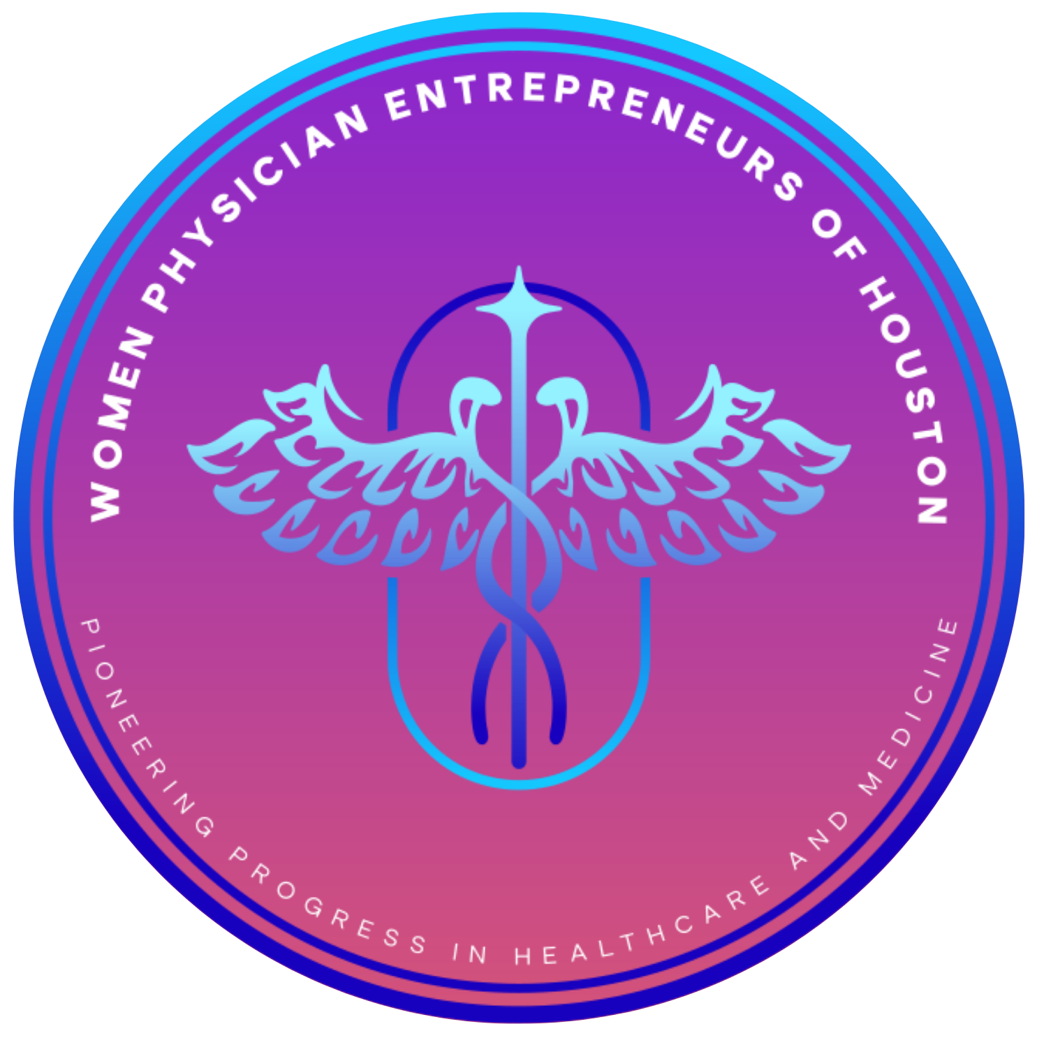 Logo for Women Physician Entrepreneurs of Houston with a blue caduceus on a purple gradient background
