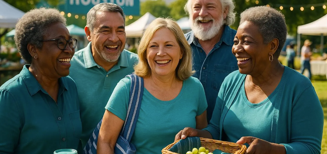 Smiling group standing outdoors at a community event, with one person holding a basket of produce.