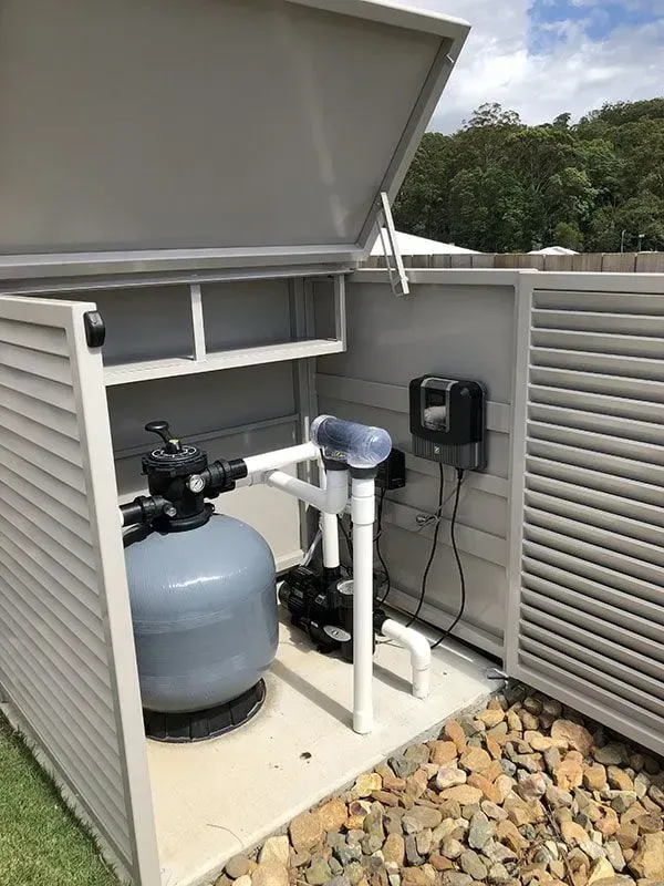 White open pool pump enclosure — Sunshine Gates in Kunda Park, QLD