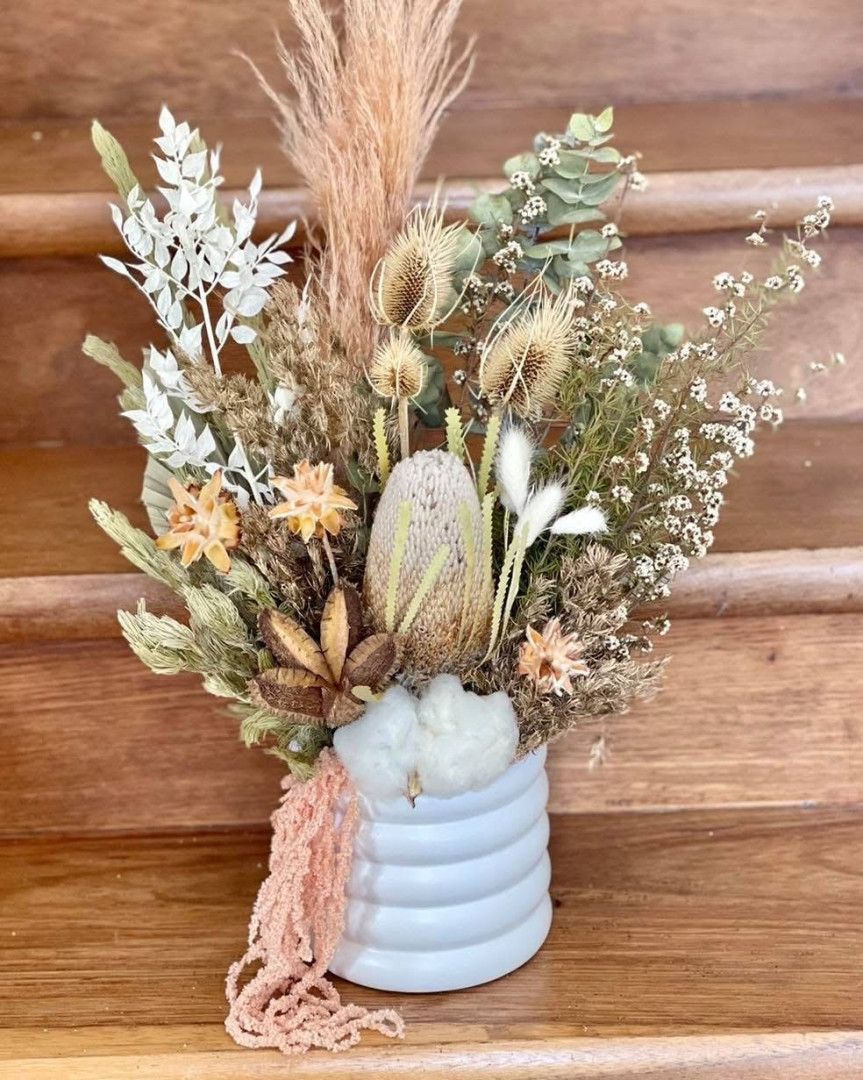 Light Brown and White Flowers In A Layered Shaped Vase — Ivy & Ash Flowers & Gifts in Palmview, QLD