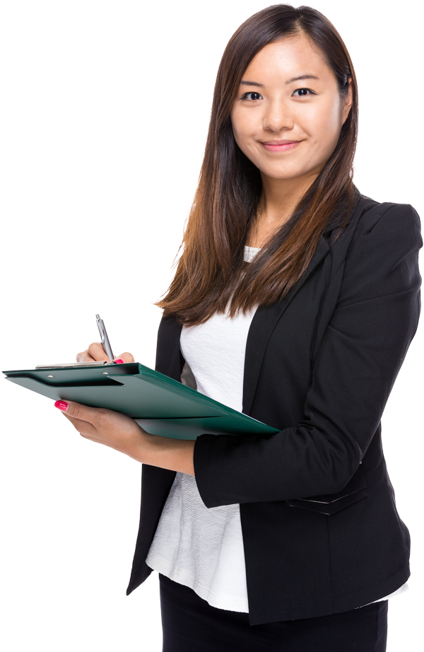 Woman in navy blazer smiles, holding tablet.