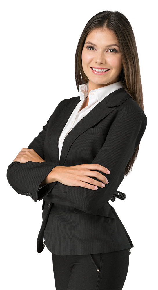Woman in black suit with arms crossed, smiling.