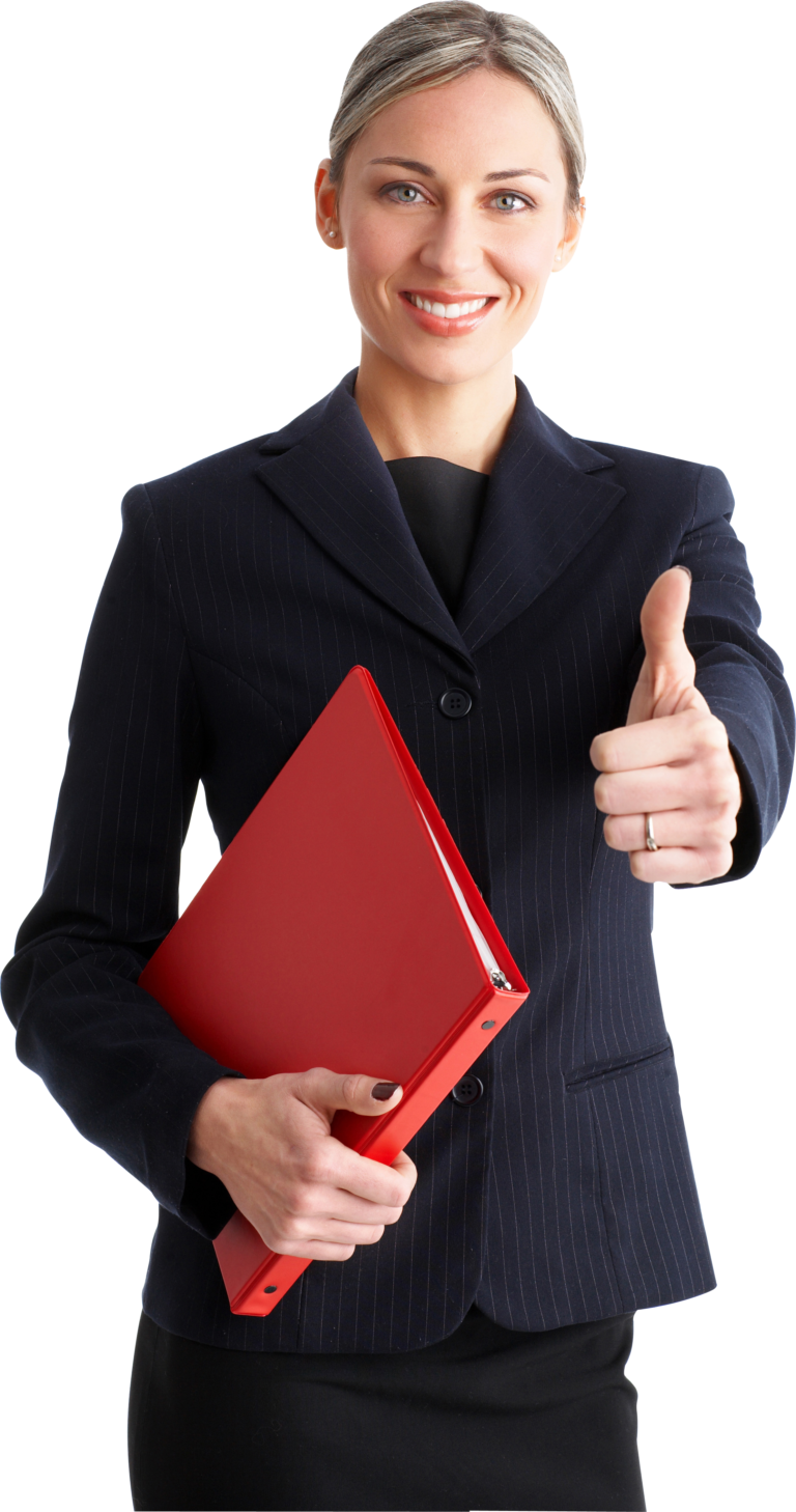 Woman in a suit holding a red folder, smiling, giving a thumbs up.