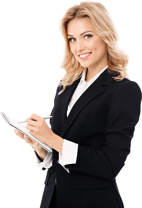 Woman in a black suit, smiling while writing in a notepad. White background.