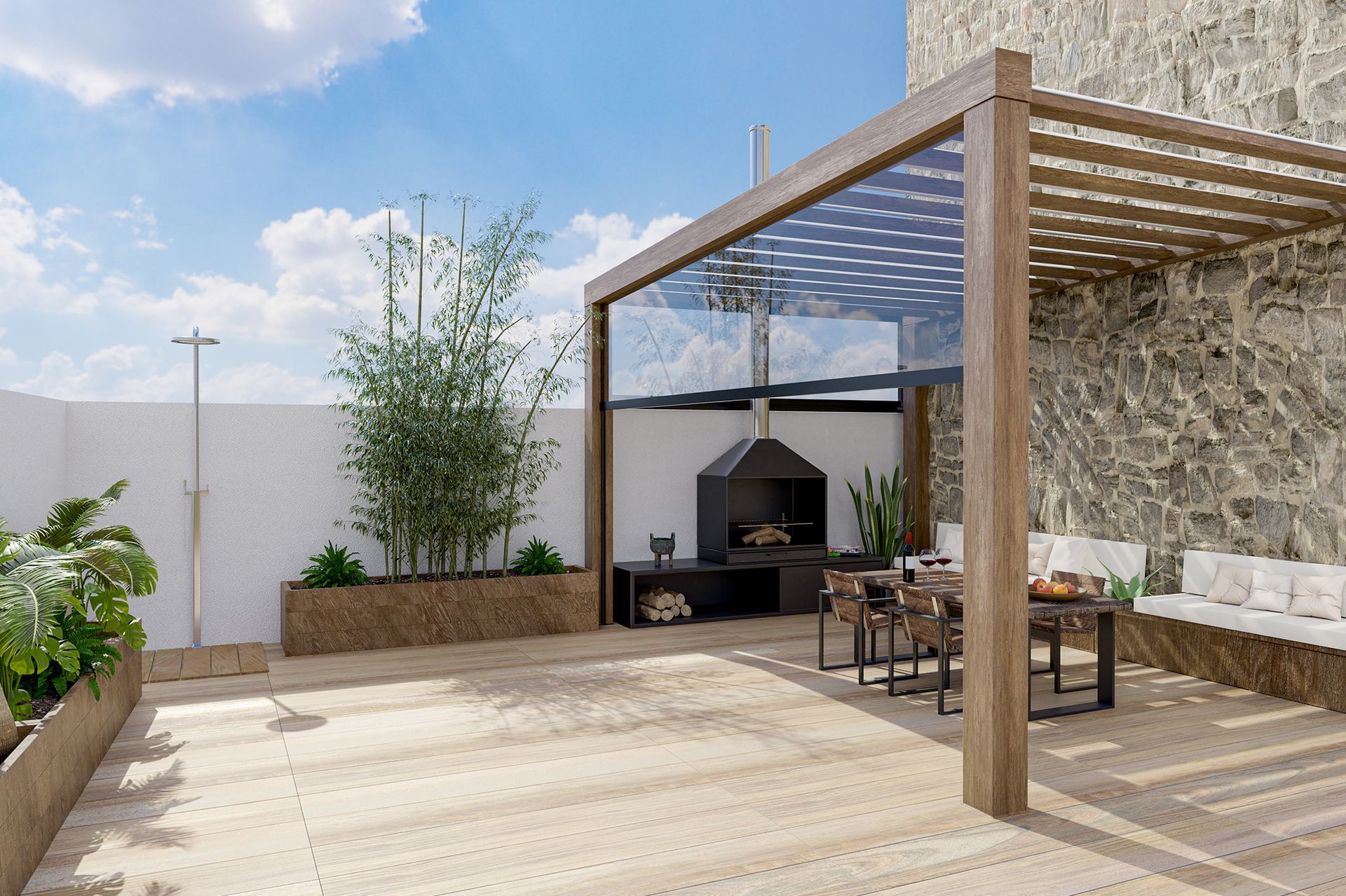 A 3d rendering of a patio with a pergola and a bbq.