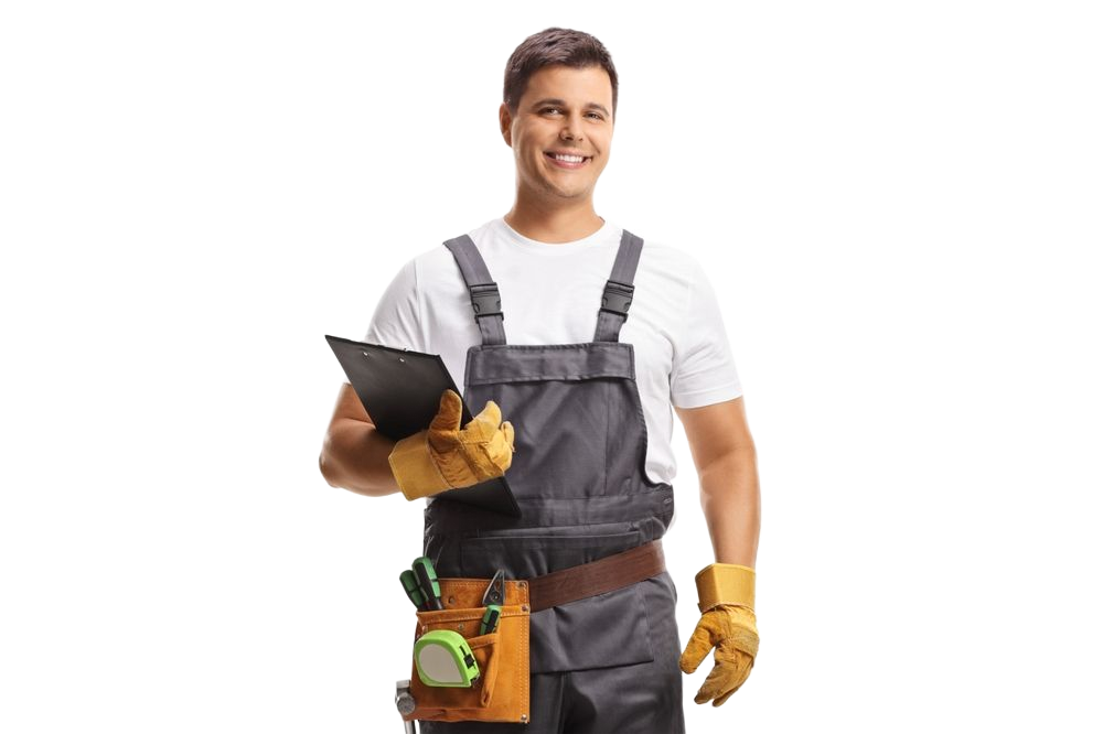 Construction worker smiling, holding clipboard, wearing gloves, tool belt, and gray overalls.