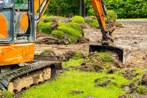 Orange excavator digging in a grassy area, scooping up dirt and plants.
