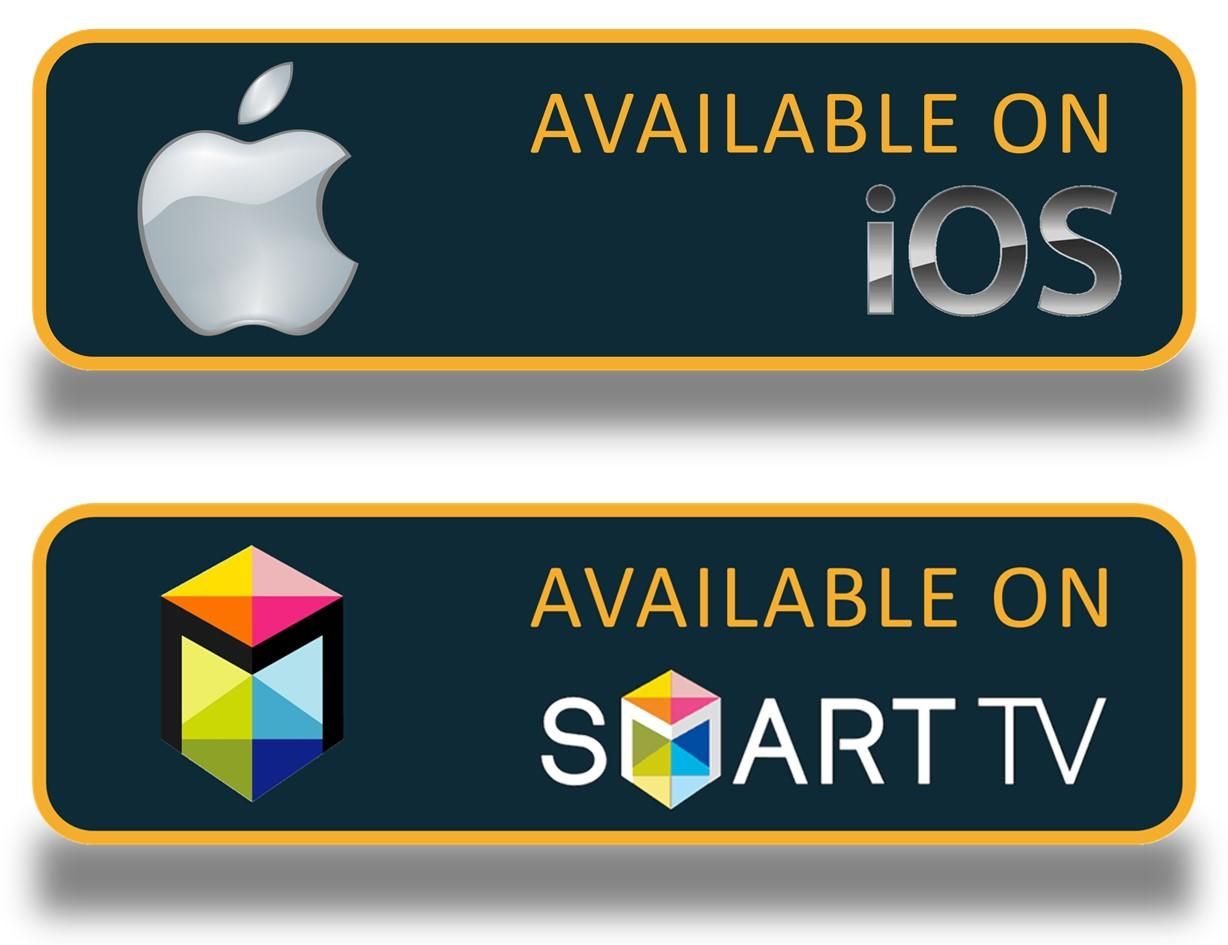 Two buttons that say available on ios and smart tv