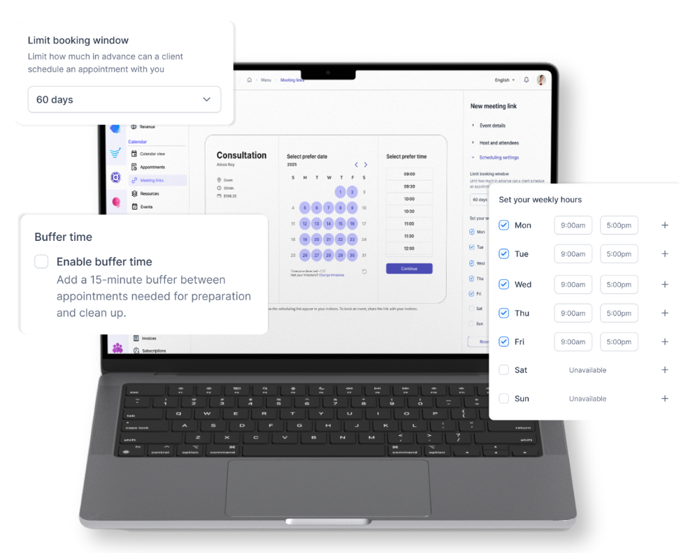 Laptop displaying scheduling software with options for buffer time and booking rules.