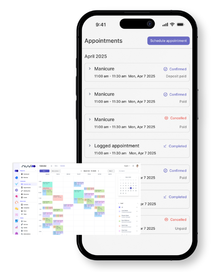 Mobile phone app displaying appointment list and calendar view of schedule.