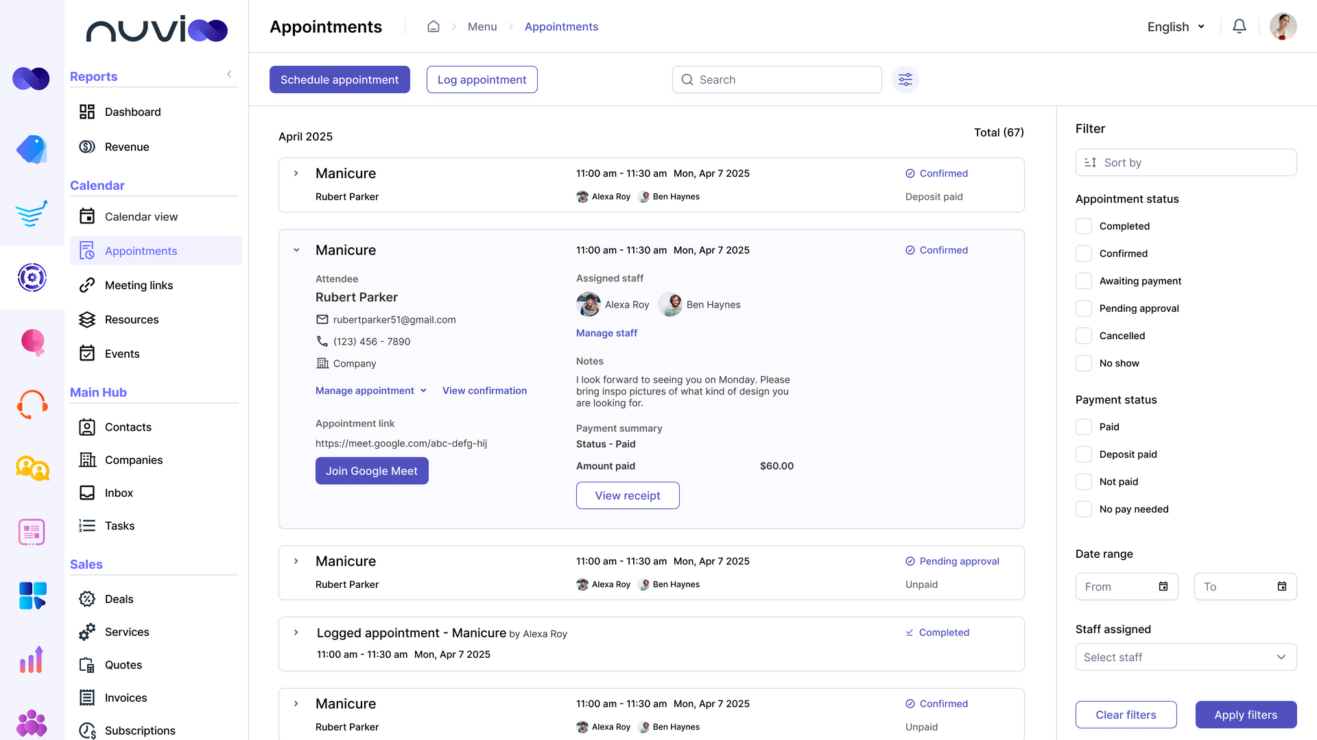 Nuvi platform dashboard with data visualizations and navigation menu.