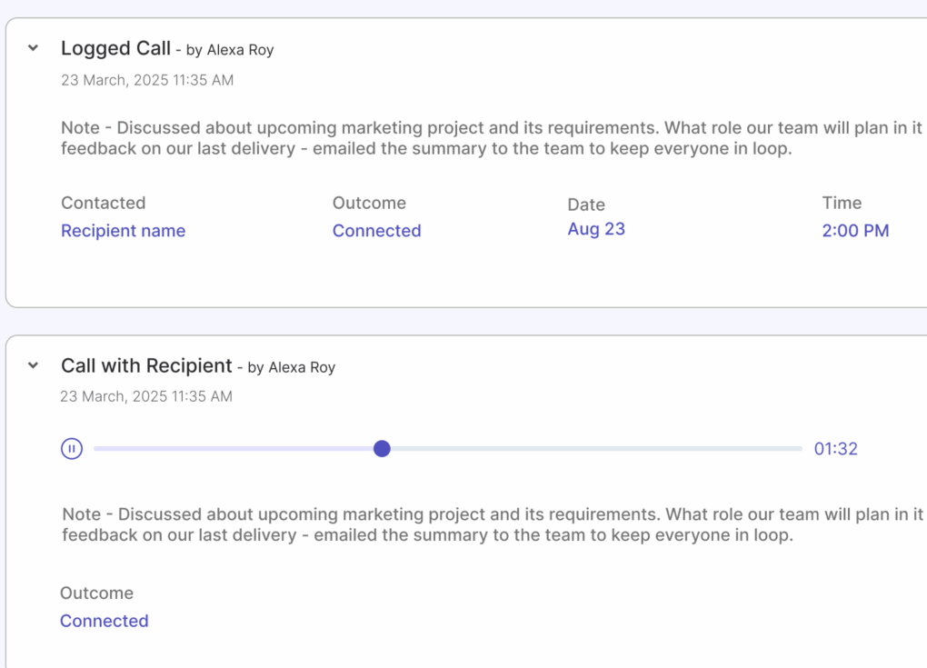 Two logged calls with notes about a marketing project. One call has the date and time, the other does not.