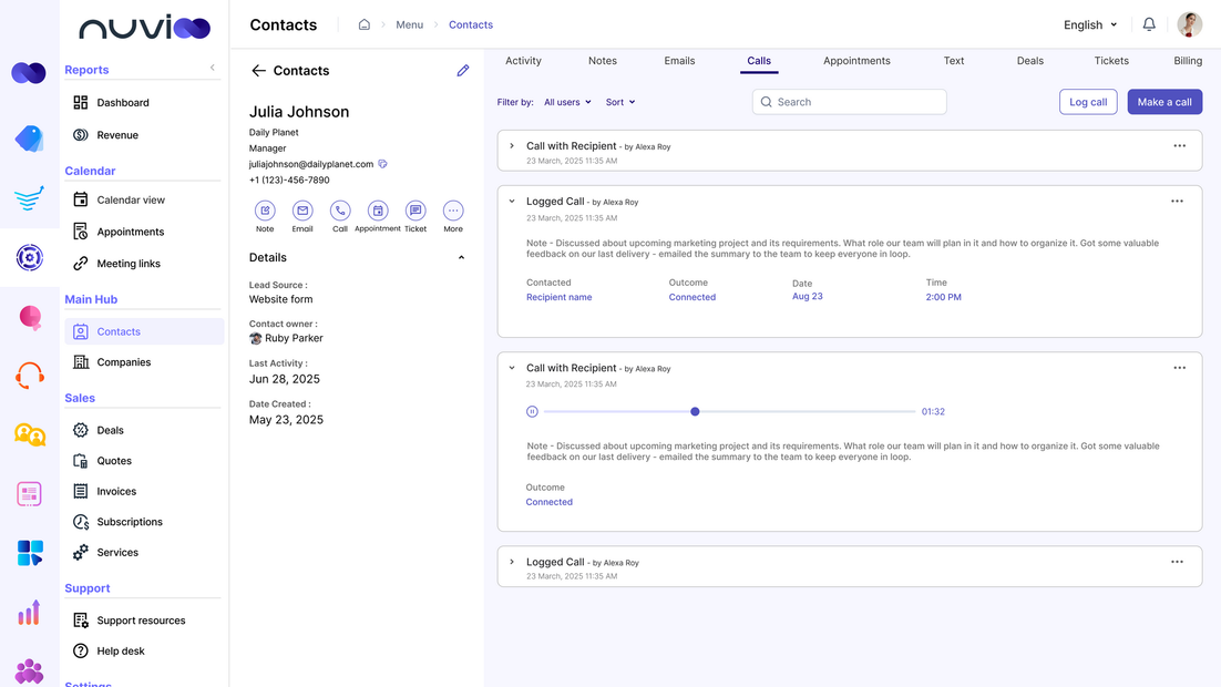 Screenshot of a Nuvi contact management interface; lists, contact details, and interactions.
