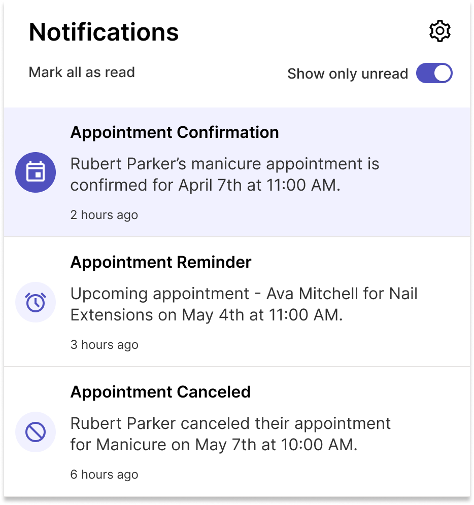 Notifications screen displaying appointment confirmations, reminders, and cancellations.