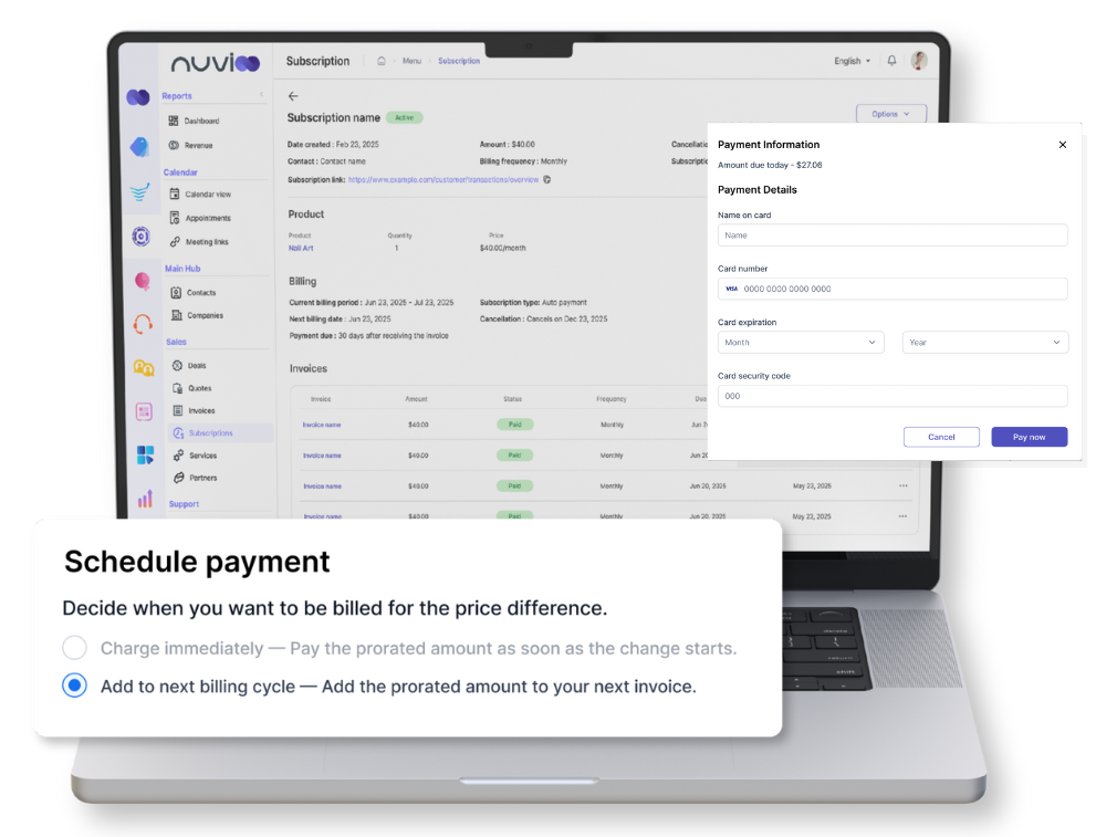 Laptop displaying a subscription management interface, with a pop-up for payment details.