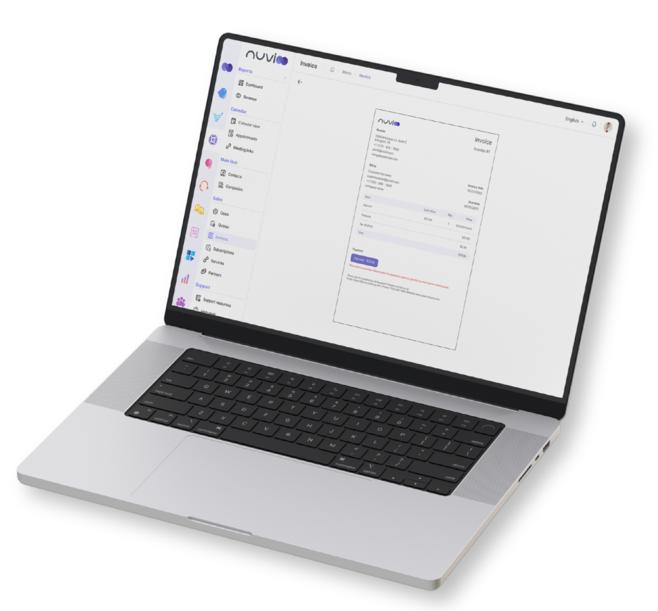 Laptop displaying an invoice on a white background, angled on a silver surface.