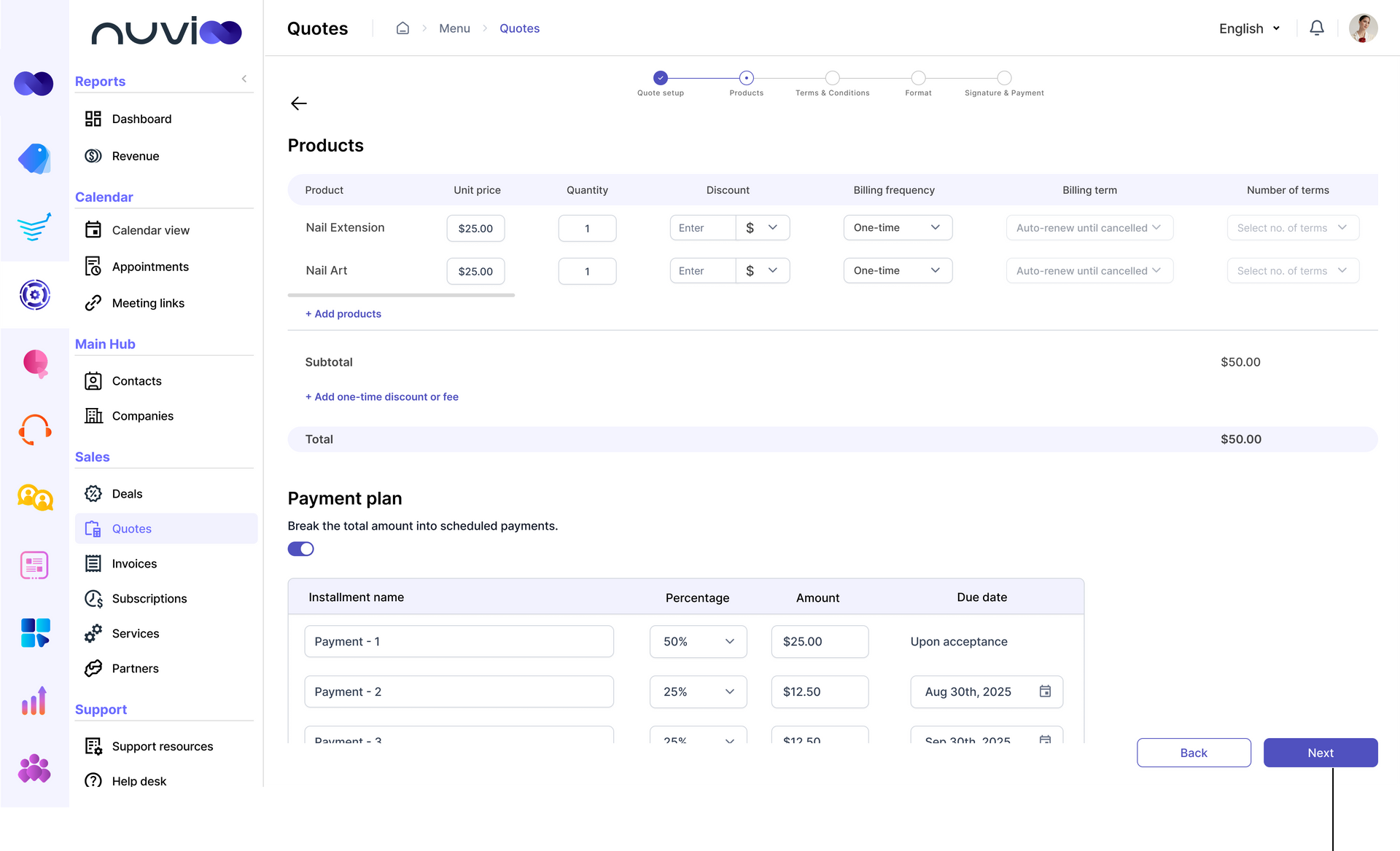 Interface showing a product purchase with item details, total cost, and payment plan options.