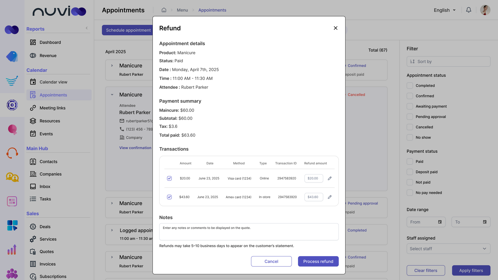 Screenshot of a web application with a modal displaying refund details and a form for updating them.