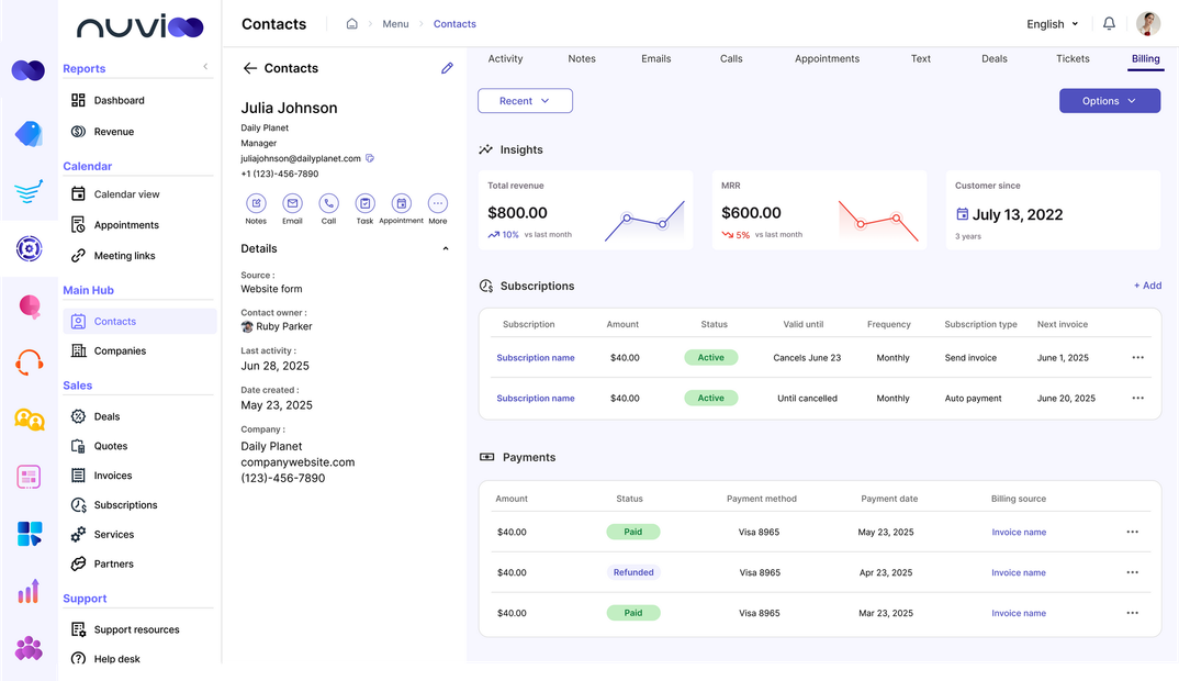 Screenshot of a financial dashboard with graphs and transaction details. Purple and white color scheme.