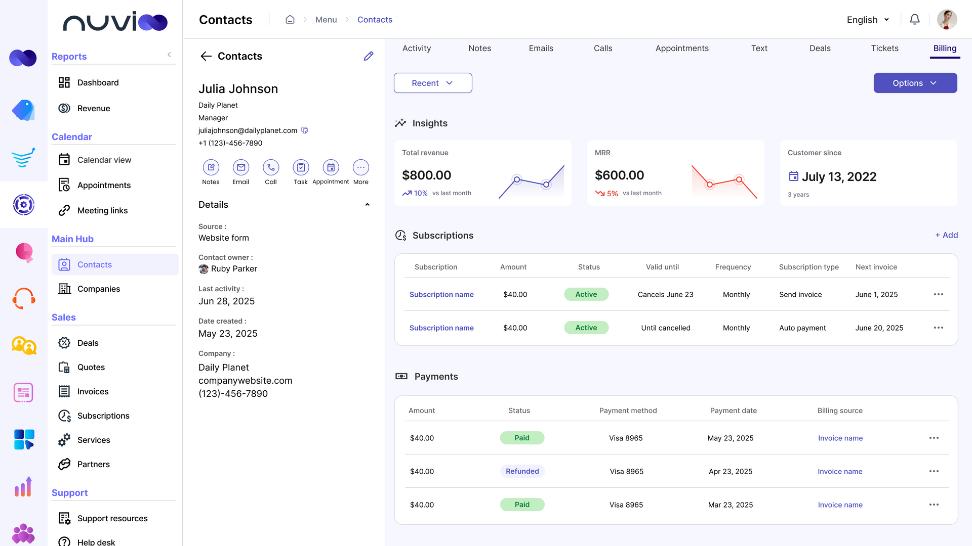 Dashboard displaying financial data with charts and tables. Purple and white color scheme.