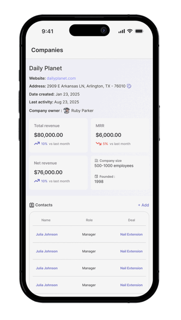 Smartphone screen displaying company details for