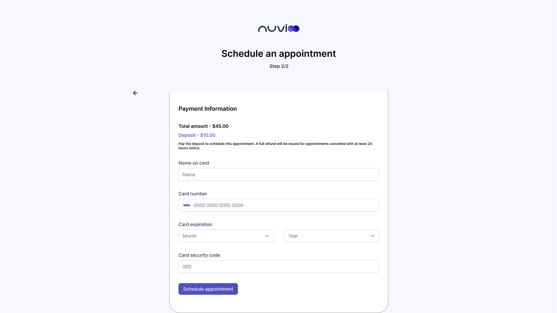 Online appointment scheduling form with fields for contact and time details.
