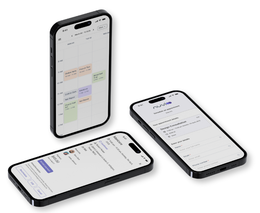 Three smartphones displaying app interfaces: calendar, profile, and sign-up form.