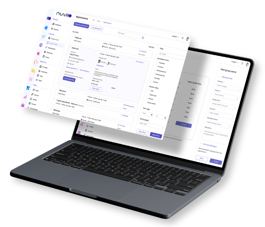 Laptop displaying a software interface. The interface shows data tables and a menu.