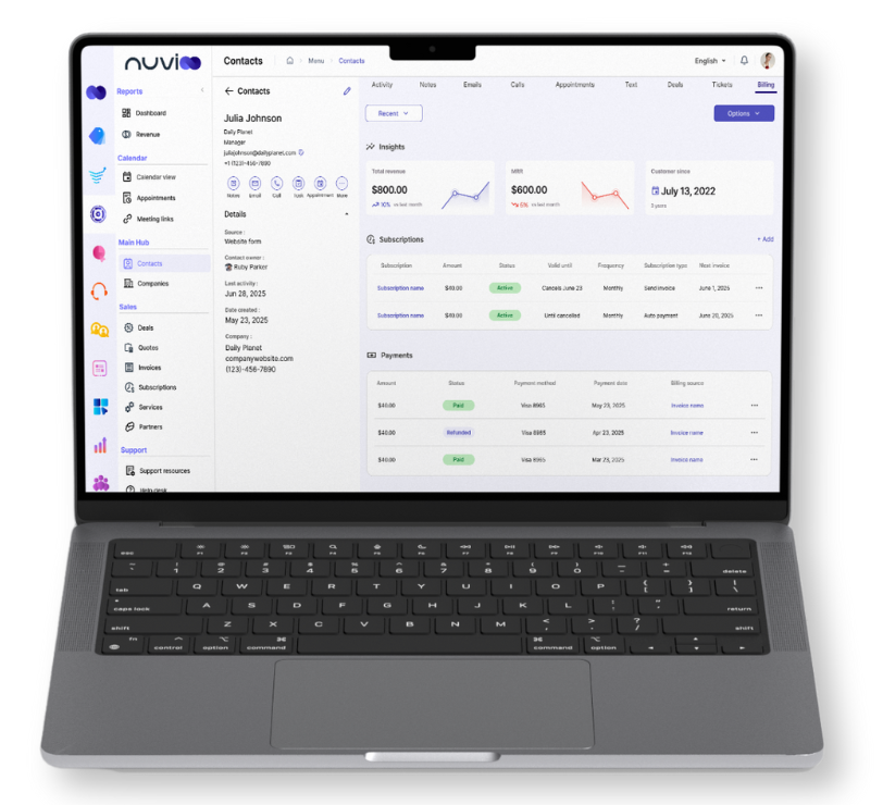 Laptop displaying a business dashboard interface with graphs, lists, and data visualizations.