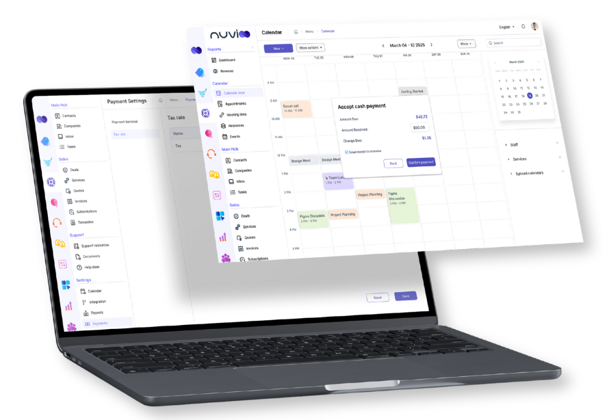 Laptop displaying a calendar and workflow management interface, in shades of purple and white.