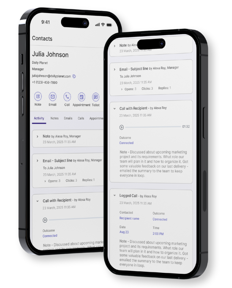 Two black smartphones displaying contact details and emails.