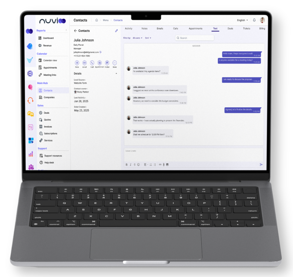 Laptop displaying a CRM interface with a chat conversation, white background, and navigation menu.