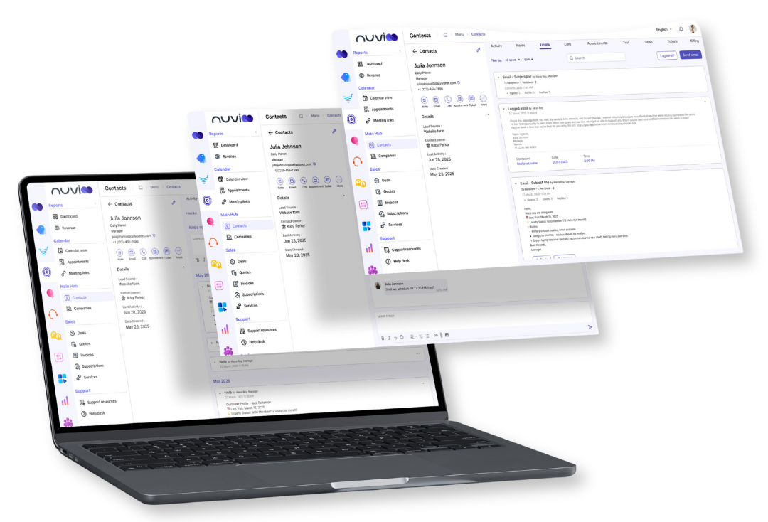 Laptop with three overlapping screens displaying a software interface.