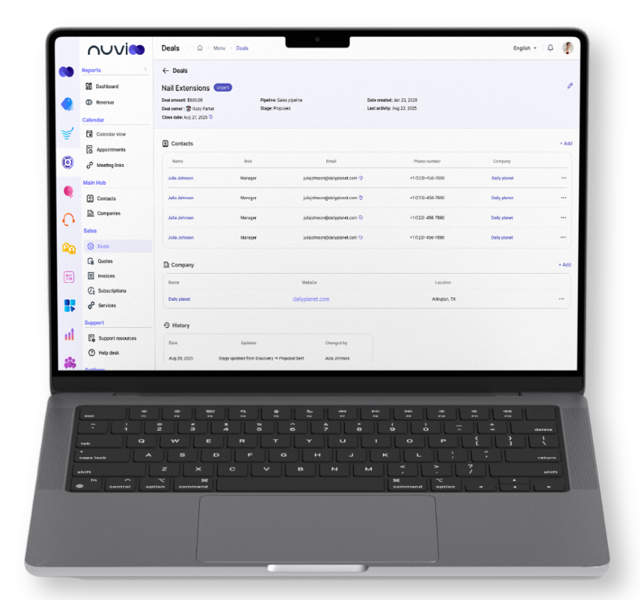 Laptop displaying a software interface; white and purple design, data tables shown with details.