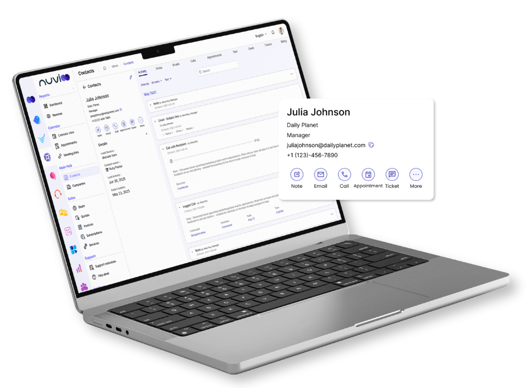 Laptop displaying email interface with a contact card overlay, featuring name, email, phone.