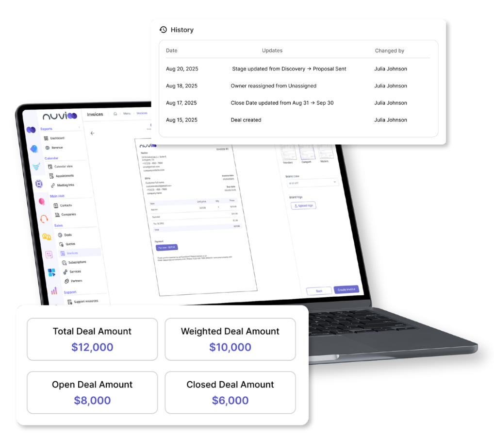 Laptop displaying a CRM interface with deal amounts and a history list.