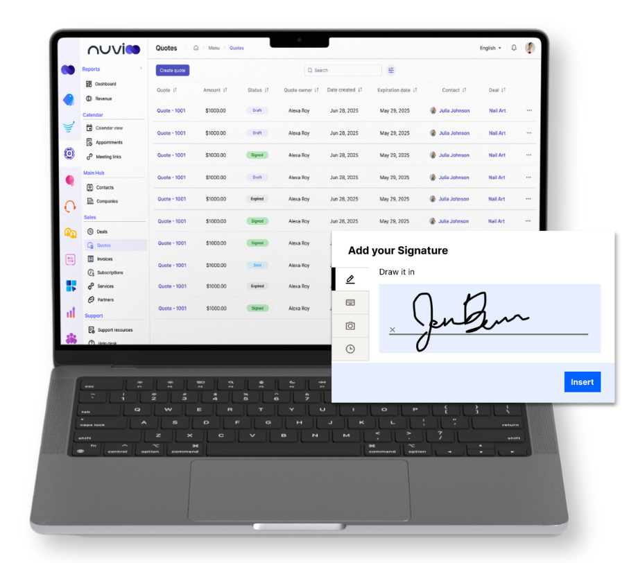 Laptop displaying a document and a signature field with a drawn signature, ready to insert.
