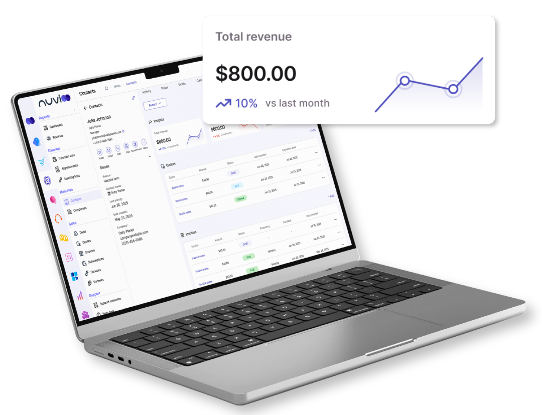 Laptop displaying financial data with a $800 revenue and a rising graph.