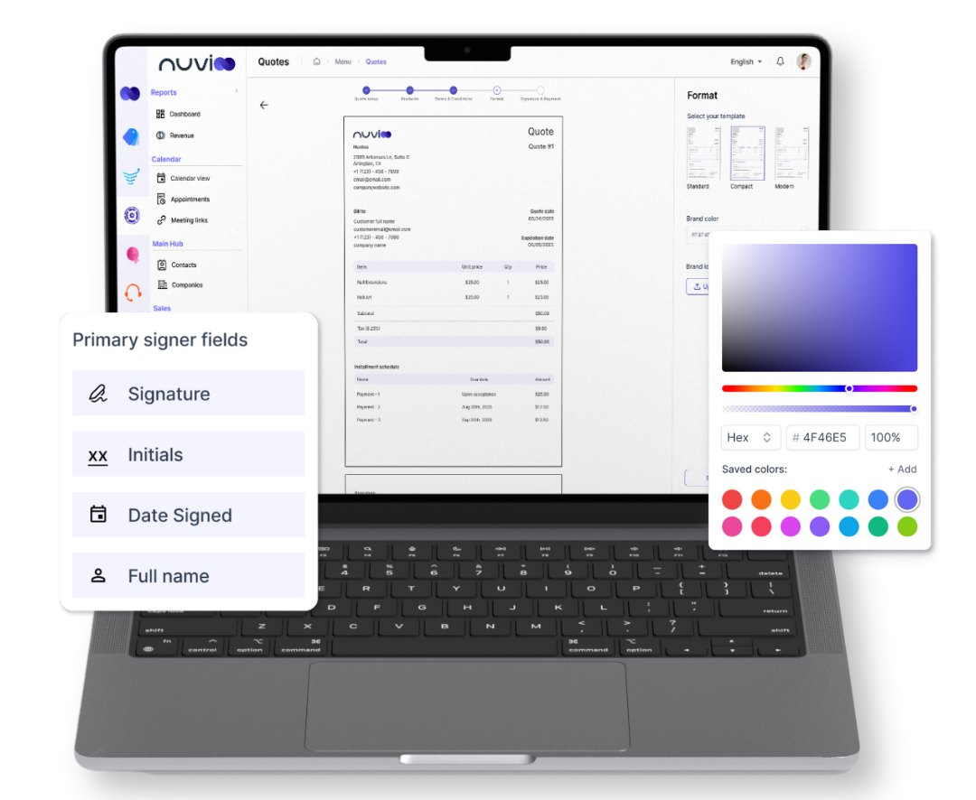 Laptop displaying an invoice with signature fields and a color palette, illustrating digital document signing.
