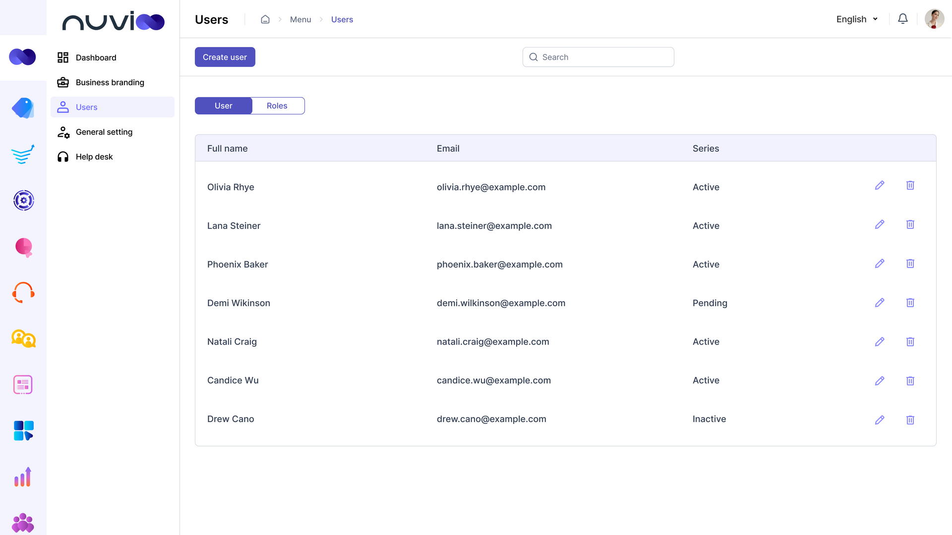 A website interface displaying a list of items with details in a table. A navigation panel is on the left.