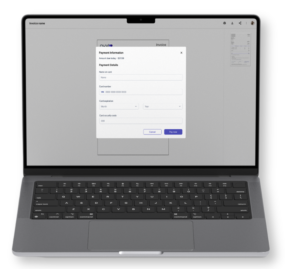 Laptop displaying a payment information form overlay. The form includes fields for card details and a