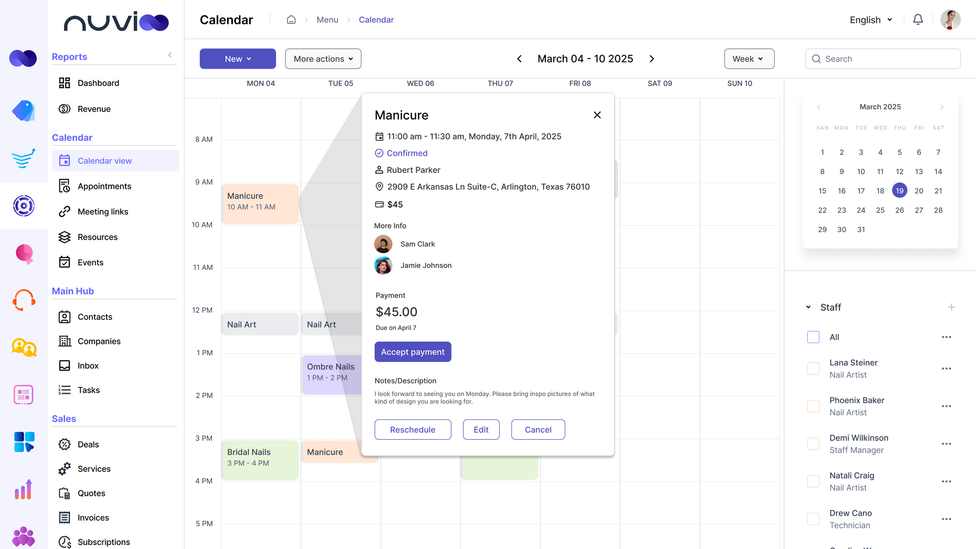 Calendar app interface with a pop-up meeting detail, showing attendees and event information.