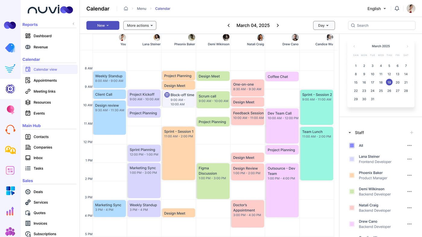 Calendar interface with colorful appointment blocks and a date picker.