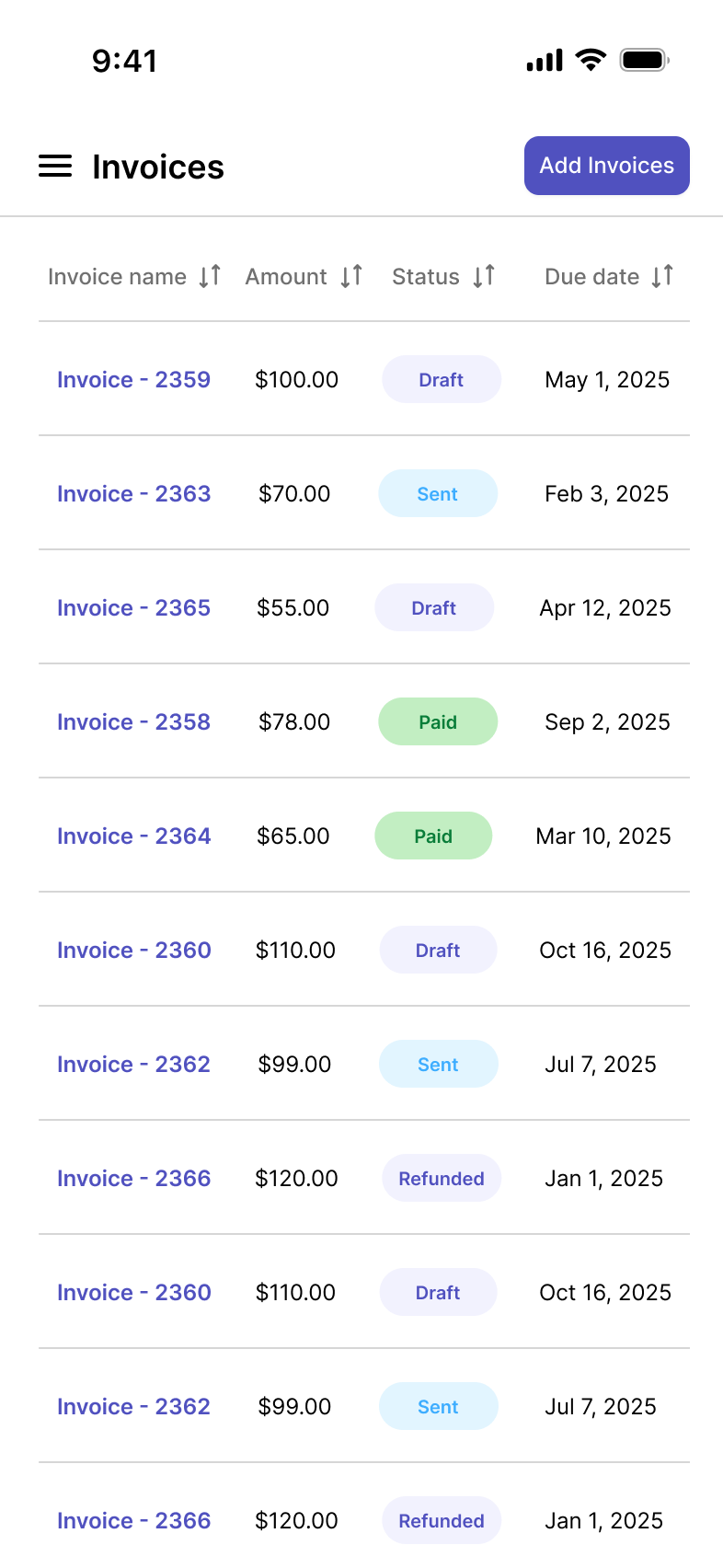 Mobile screen displaying a list of invoices with details like invoice number, amount, status, and due date.