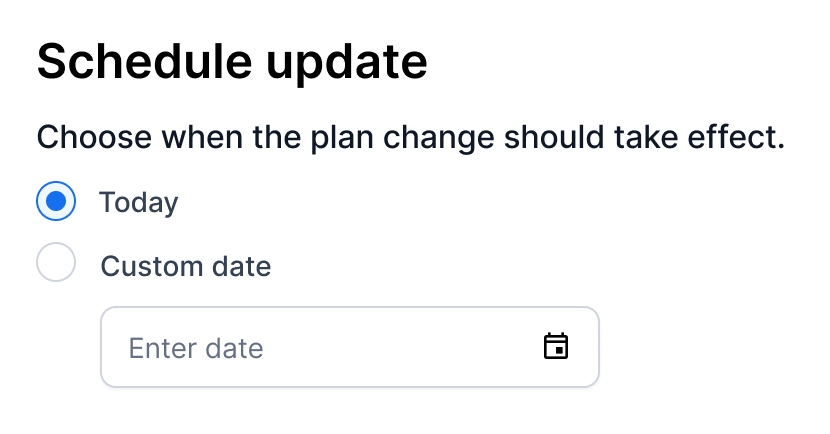 Schedule update options: Today, Custom date, and a date input field.