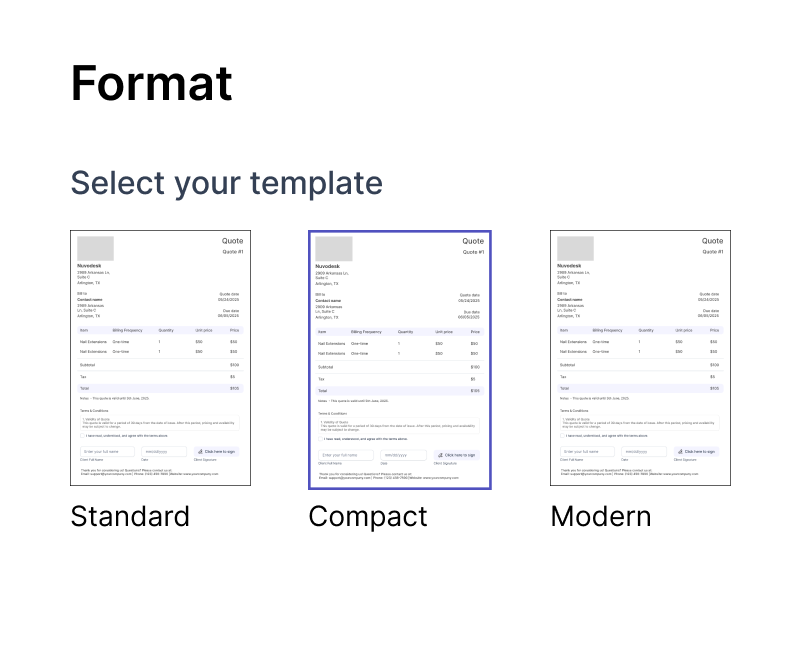 Invoice format options: Standard, Compact, and Modern templates.