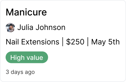 Manicure service: Julia Johnson, nail extensions for $250 on May 5th, labeled