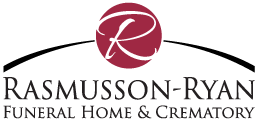 Logo for Rasmusson-Ryan Funeral Home & Crematory featuring a stylized white letter "R" inside a dark red circle.